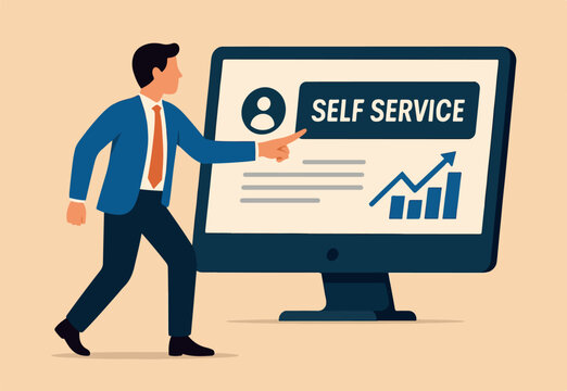 Self service, software or application to help user get result themself, online help or assistance, resource management or electronic automated report concept, businessman using self service software.