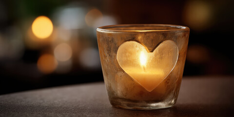 Recycled glass candle holder heart cutout tealight warm glow cozy romantic soft focus bokeh amber light rustic handmade eco friendly upcycled translucent votive intimate evening decor home mood