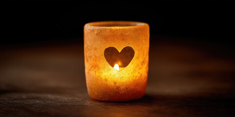 Warm candlelight heart cutout rustic holder amber glow cozy mood romantic decor recycled glass soft shadow night ambiance home interior. Warm candlelight through heart cutout glows rustic holder