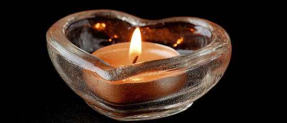 Heart candle holder glass tealight flame romantic warm glow love valentine cozy black background serene mood