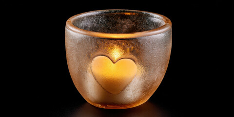 Frosted glass candle holder heart cutout warm glow amber light black background romantic decor cozy ambiance recycled material handmade craft. Frosted glass candle holder with heart cutout