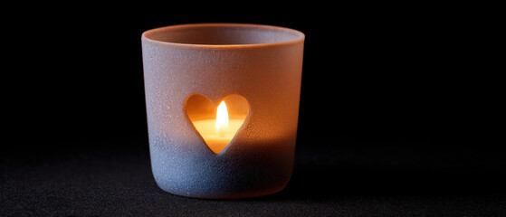 Frosted glass candle holder heart cutout warm glow soft light romantic decor cozy ambiance minimal style dark background tealight candle night mood. Frosted glass candle holder with heart cutout