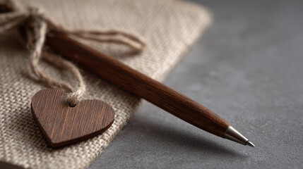 Wooden pen burlap fabric jute cord heart charm rustic stationery eco friendly natural texture minimalist style neutral color gift set evokes warmth and calm, perfect for journaling or note taking