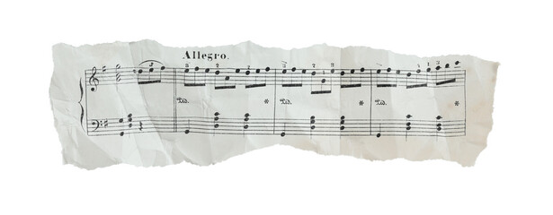 Torn and crumpled fragment of musical sheet with notes, wide horizontal composition isolated on transparent background. Vintage music paper banner with copy space for design © rvlsoft