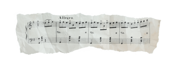 Torn and crumpled fragment of musical sheet with notes, wide horizontal composition isolated on transparent background. Vintage music paper banner with copy space for design