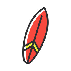 A vibrant red surfboard with a peace sign design, ready for a fun day at the beach Vector
