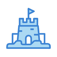 Blue sandcastle icon with flag, symbolizing summer beach fun and creative childhood play Vector