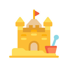 A charming cartoon illustration of a classic sandcastle with beach toys, perfect for summer fun Vector