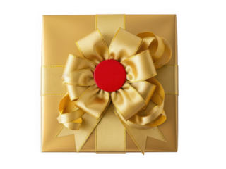 Elegant gift box with golden ribbon and red seal isolated on white background