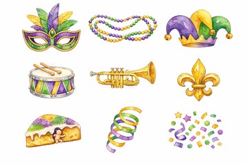 Obraz premium watercolor Mardi gras collection featuring mask, beads, crown, drum, trumpet, and fleur-de-lis isolated on white background. concept of festive decor, celebration, vibrant elements
