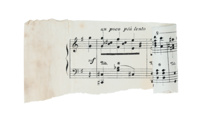 Unfolded torn fragment of antique sheet music with one curled edge and one straight edge, isolated on transparent background for banner and vintage design use
