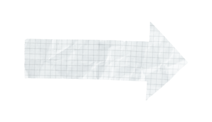 Crumpled grid notebook paper arrow isolated on transparent background. Handmade paper element for design, banners, navigation, and creative layouts