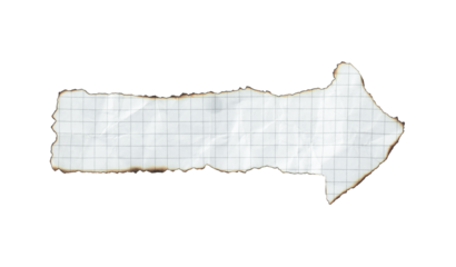 Crumpled and burnt notebook paper arrow isolated on transparent background. Handmade distressed paper element for design, banners, and creative projects