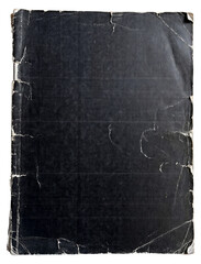 Blank black magazine cover with visible creases, scratches, and worn edges on a light background. The distressed surface and vintage look convey age, damage, imperfection, and history.