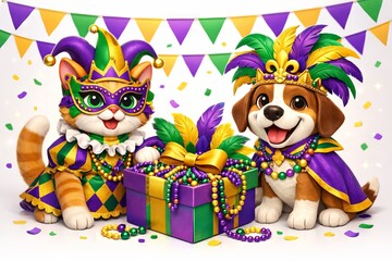 Naklejka premium Festive mardi gras illustration featuring a cat and dog in colorful costumes with masks and beads. concept of celebration, vibrant festival, playful animal art