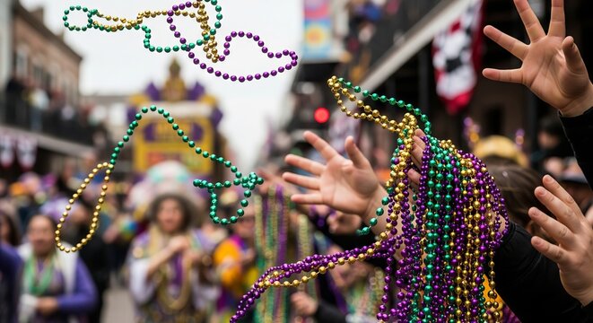 Hands reaching for colorful Mardi Gras beads being thrown during a parade celebration. Festive holiday event with traditional purple, green, and gold colors.