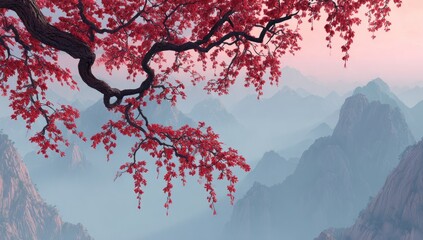 Red leaves on a tree branch against a misty mountain range landscape