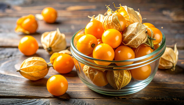 Cape gooseberries with husks in glass container on rustic dark wood surface - Powered by Adobe
