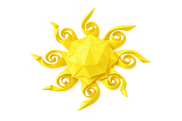 Yellow sun abstract icon representing summer energy and warmth with geometric low poly core and swirling origami rays