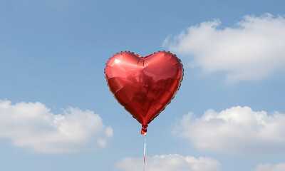 bright red balloon centered clear blue sky fluffy white clouds floating serenely gentle wide