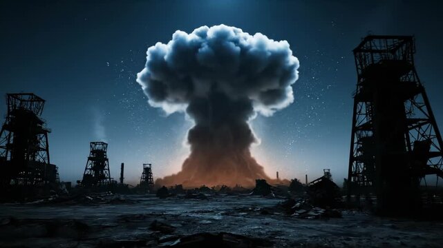 Nuclear explosion creates mushroom cloud between industrial towers at dusk. Atomic blast devastates mining site. Nuclear mushroom rises near towers. Explosion destroys industrial wasteland.