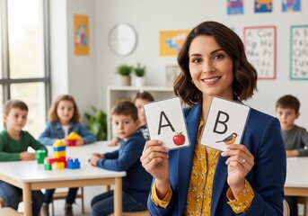 Teacher holding alphabet flash cards with letters A and B for preschool children in vibrant classroom learning activity