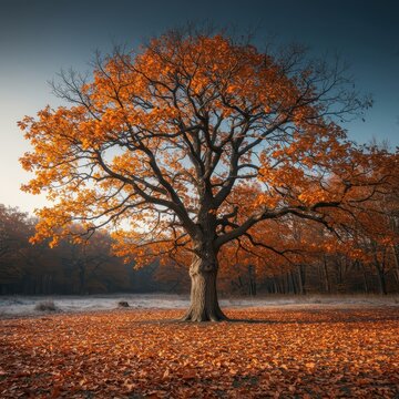 A majestic oak tree stands nearly bare in late autumn, its colorful foliage resting on the cold forest floor, symbolizing dormancy and seasonal transition ,yellow ,late ,brown