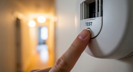 Woman finger pressing test button on a smoke and carbon monoxide detector. Home safety and hazard prevention concept for residential fire alarm.