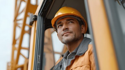 Male construction operator wearing a yellow hardhat looks thoughtfully from inside a heavy hinery cabin