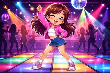 Cute dancing cartoon girl on vibrant disco floor with colorful lights and silhouettes of dancers. concept of playful fun, lively dance floor, animated character celebration