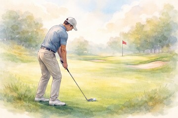 Watercolor golf scene of man preparing to swing on scenic golf course with green fairways and red flag in distance. concept of sport, outdoor activity, nature, relaxation