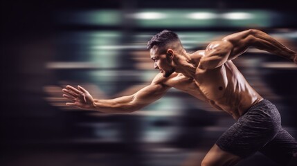 cardio. Single runner in athletic wear, exuding fitness energy against a blurred gym backdrop. lifestyle magazines, social media lookbooks, designed for influencer and brand collaborations.
