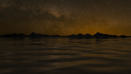 Golden sea and mountains at night
