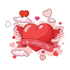 Red heart with wings and banner saying my valentine day surrounded by clouds and small hearts