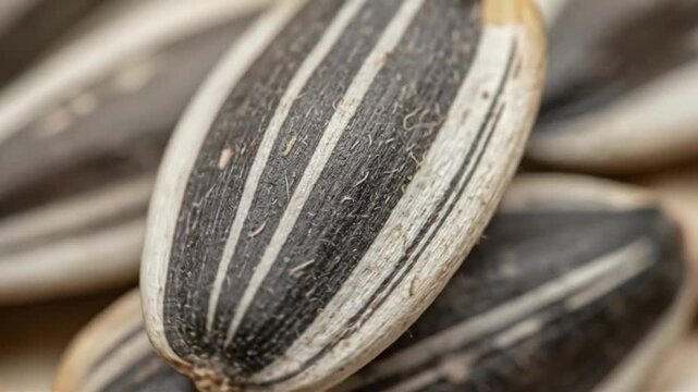 Close-up of a single striped sunflower seed, showcasing its intricate patterns and textures.