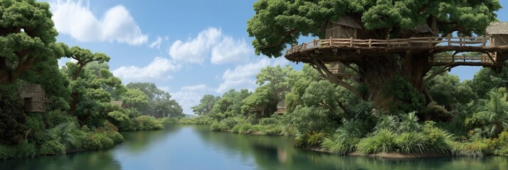 Treehouses nestled in lush green forest by serene river under blue sky