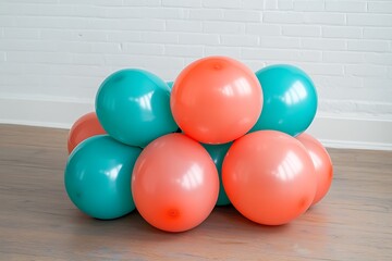 Teal and coral balloons tied together lying prominently on surface