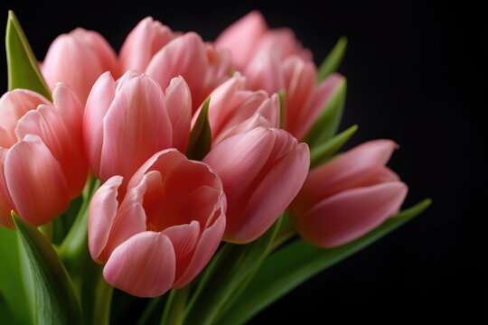 Close-up of pink tulips on black background displaying delicate petals and vibrant green leaves - Powered by Adobe