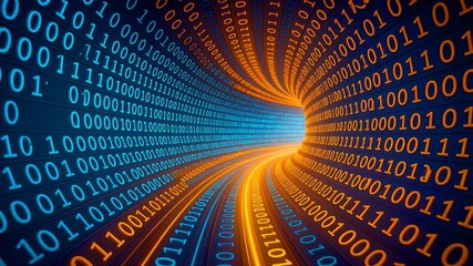 Digital binary code tunnel. Glowing data stream with information flow. Seamless loop - Powered by Adobe
