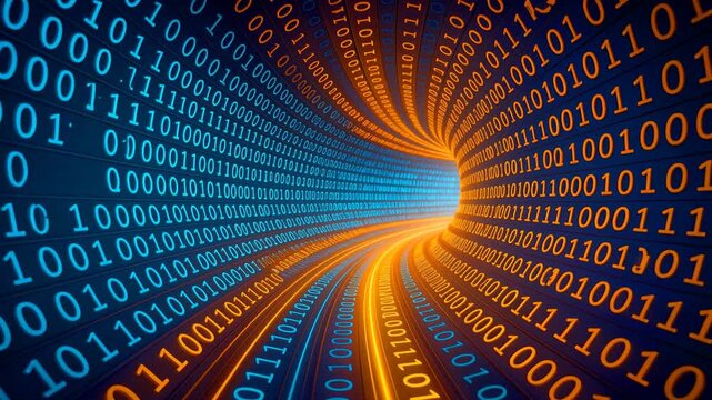 Digital binary code tunnel. Glowing data stream with information flow. Seamless loop