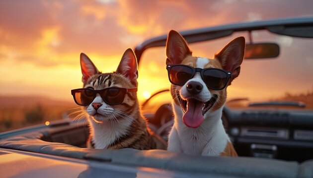 Cat and dog ride in open car wearing sunglasses. Animals travel together during sunset. Pets enjoy summer vacation. Canine and feline friends go for a drive. Cool vibe animals.