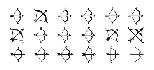 Bow and Arrow Archery Icon Set. Black Line Style, Minimal Bow, Archery Equipment Bow and Arrow Icon, Bow and Arrow Line Icon. Vector illustration eps 10