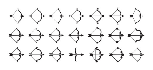 Bow and Arrow Archery Icon Set. Black Line Style, Minimal Bow, Archery Equipment Bow and Arrow Icon, Bow and Arrow Line Icon. Vector illustration eps 10