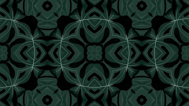 Green leaves kaleidoscope animation background. seamless floral pattern.