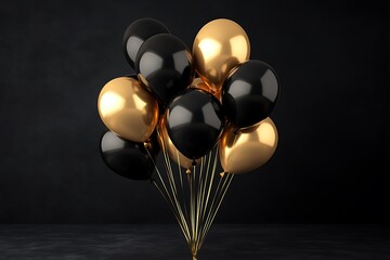 Bunch of reflective black and gold balloons positioned neatly on surface