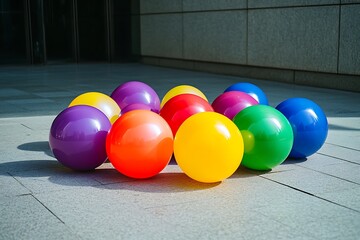 Bunch of vibrant rainbow balloons arranged together and drifting gently