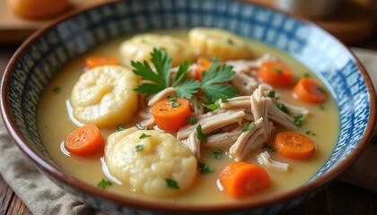 Bowl with chicken and dumplings close up. Chicken soup includes sliced carrots, herbs and vegetables. Food photography for home style recipe. Comfort dish is tasty and nutritious.