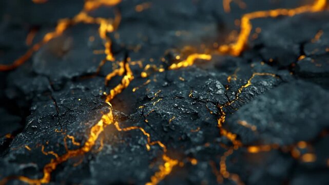 4K Molten lava flowing through cracks in dark volcanic rock, glowing orange and yellow, abstract texture background video