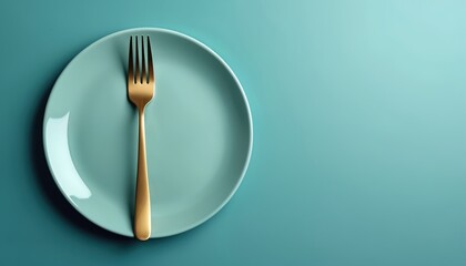 Empty pastel blue plate with golden fork. Minimalist shot addresses food crisis, hunger, nutrition topics. Concept illustrates diet issue, global agricultural challenges. Lack of nourishment, food