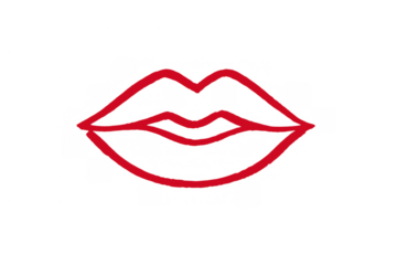 Red lips line art drawing on transparent background, symbolizing kiss, passion, beauty, fashion, and glamour